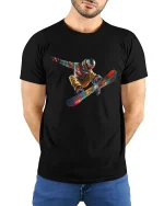 Epic Snowboard Air Trick Colorful Action Sports Art Graphic Tshirt - model wearing black tee with hands behind back