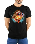 Funny Cool Fish Wearing Sunglasses Splash Art Graphic Tshirt - model wearing black tee with hands behind back