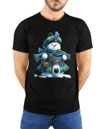 Funny Snowman Scottish Kilt Winter Art Graphic Tshirt - model wearing black tee with hands behind back
