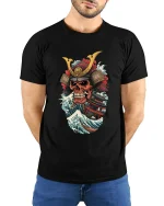 Samurai Skull Ocean Wave Warrior Art Graphic Tshirt - model wearing black tee with hands behind back