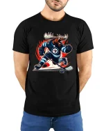 Fierce Hockey Moose Power Action Illustration Graphic Tshirt - model wearing black tee with hands behind back