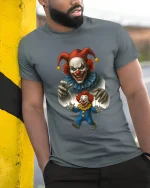 Creepy Puppet Master Evil Clown Dark Illustration Graphic Tshirt - model wearing grey tee, leaning on column