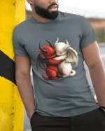 Cute Demon And Angel Hug Fantasy Love Illustration Graphic Tshirt - model wearing grey tee, leaning on column
