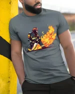 Brave Firefighter Battling Flames Heroic Action Illustration Tshirt - model wearing grey tee, leaning on column