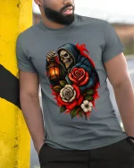 Gothic Reaper Rose Lantern Skull Art Graphic Tshirt - model wearing grey tee, leaning on column