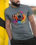 Color Splash Camera Art Creative Photography Graphic Tshirt - model wearing grey tee, leaning on column