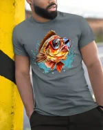 Funny Cool Fish Wearing Sunglasses Splash Art Graphic Tshirt - model wearing grey tee, leaning on column