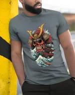 Samurai Skull Ocean Wave Warrior Art Graphic Tshirt - model wearing grey tee, leaning on column