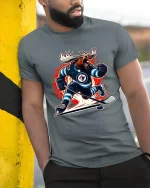 Fierce Hockey Moose Power Action Illustration Graphic Tshirt - model wearing grey tee, leaning on column