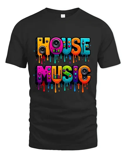 House Music Color Drip Graphic Tee Loud Bass Energy Art - black t-shirt on white background