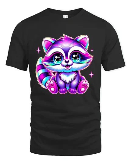 Cute Neon Raccoon Graphic Tee Sparkle Eyes Kawaii Art - black t-shirt on white background