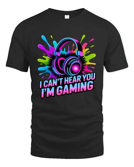I Cant Hear You Im Gaming Neon Headset Graphic Tee - black t-shirt on white background