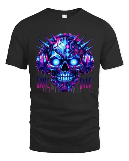 Game Over Cyber Skull Headset Neon Gamer Graphic Tee - black t-shirt on white background