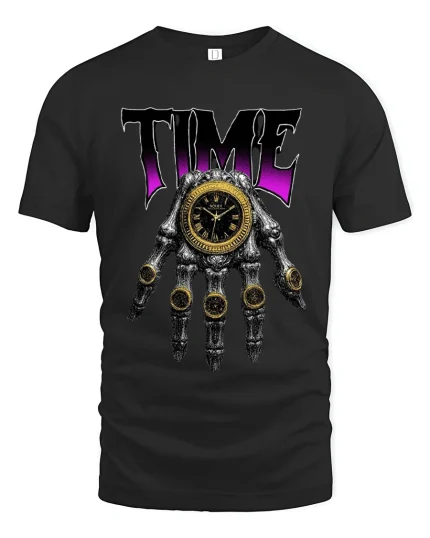 Time Is Power Skeleton Hand Clock Dark Fantasy Graphic Tee - black t-shirt on white background