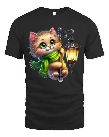 Cute Lantern Kitty Cozy Night Glow Graphic Tee Art Style - black t-shirt on white background