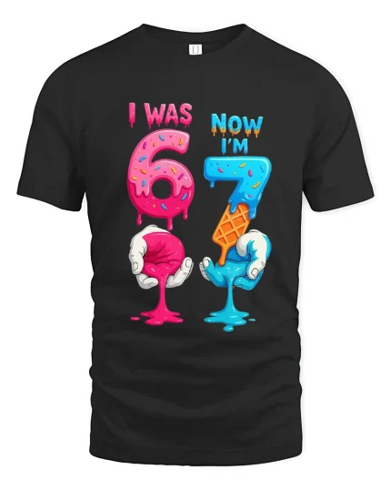 Funny I Was Six Now Im Seven Drippy Birthday Graphic Tee - black t-shirt on white background