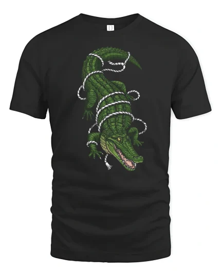 Fierce Bound Alligator Rope Illustration Graphic Tee Shirt - black t-shirt on white background
