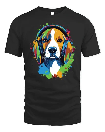 Color Splash Beagle Dog Wearing Headphones Artistic Graphic Tee - black t-shirt on white background