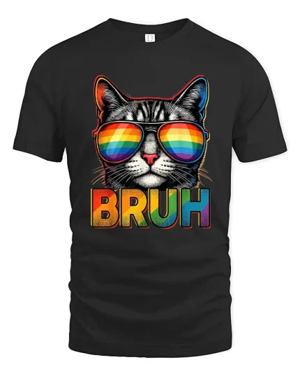 Bruh Rainbow Sunglasses Cat Funny Pop Art Graphic Tshirt - black t-shirt on white background
