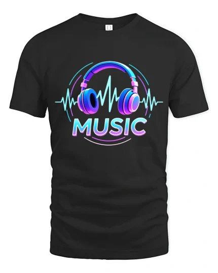 Neon Music Headphones Heartbeat Graphic Tee Modern Sound Style - black t-shirt on white background