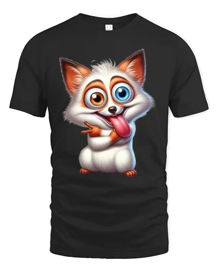 Funny Goofy Fox Cartoon Graphic Tee Playful Big Eyes Style - black t-shirt on white background
