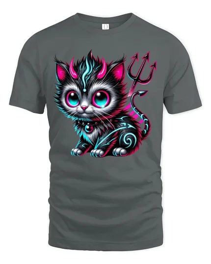 Cute Neon Devil Kitty Cyberpunk Glow Art Graphic Tshirt - gray t-shirt on white background