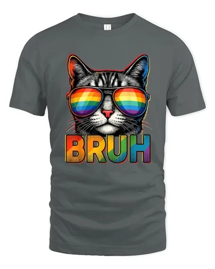 Bruh Rainbow Sunglasses Cat Funny Pop Art Graphic Tshirt - gray t-shirt on white background