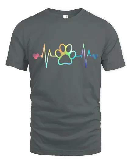 Rainbow Paw Heartbeat Cute Pet Lover Minimalist Graphic Tshirt - gray t-shirt on white background
