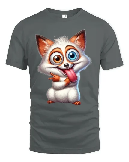 Funny Goofy Fox Cartoon Graphic Tee Playful Big Eyes Style - gray t-shirt on white background