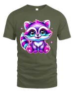 Cute Neon Raccoon Graphic Tee Sparkle Eyes Kawaii Art - military green t-shirt on white background
