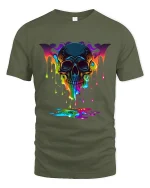 Melting Rainbow Skull Dark Art Psychedelic Graphic Tee - military green t-shirt on white background