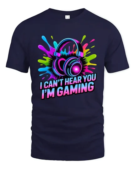 I Cant Hear You Im Gaming Neon Headset Graphic Tee - navy t-shirt on white background