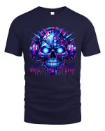 Game Over Cyber Skull Headset Neon Gamer Graphic Tee - navy t-shirt on white background