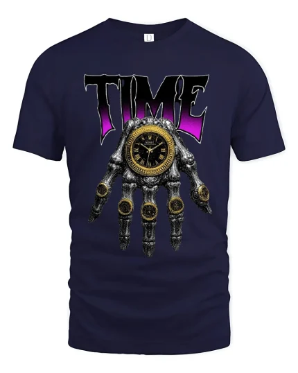Time Is Power Skeleton Hand Clock Dark Fantasy Graphic Tee - navy t-shirt on white background