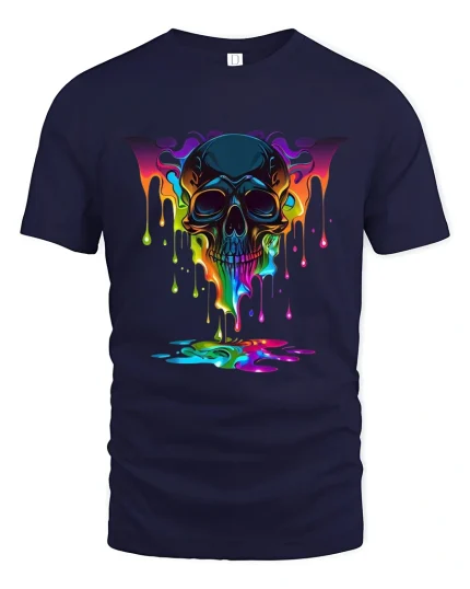 Melting Rainbow Skull Dark Art Psychedelic Graphic Tee - navy t-shirt on white background