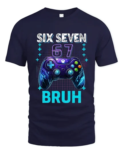 Six Seven 67 Bruh Gamer Controller Graphic Tee Street Style - navy t-shirt on white background