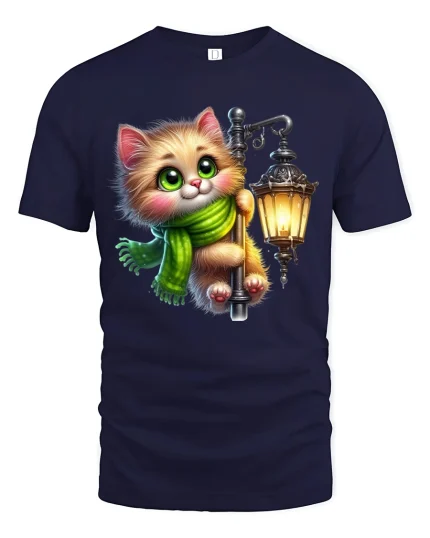 Cute Lantern Kitty Cozy Night Glow Graphic Tee Art Style - navy t-shirt on white background