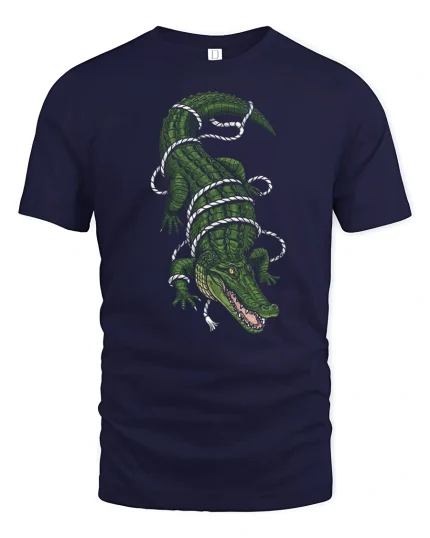 Fierce Bound Alligator Rope Illustration Graphic Tee Shirt - navy t-shirt on white background
