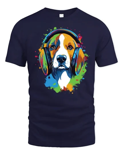 Color Splash Beagle Dog Wearing Headphones Artistic Graphic Tee - navy t-shirt on white background