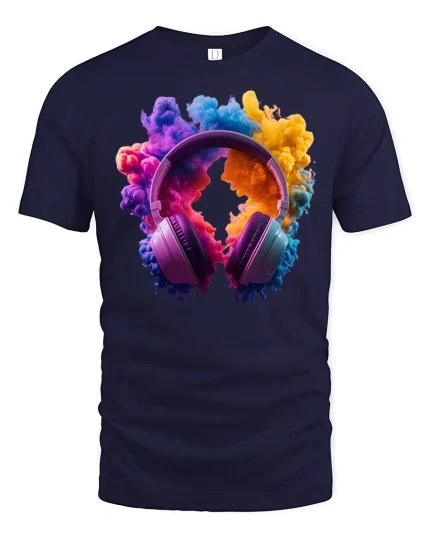 Color Burst Headphones Music Art Graphic Tee Shirt - navy t-shirt on white background
