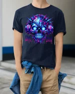 Game Over Cyber Skull Headset Neon Gamer Graphic Tee - model wearing navy tee with hands in pockets