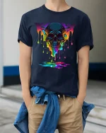 Melting Rainbow Skull Dark Art Psychedelic Graphic Tee - model wearing navy tee with hands in pockets