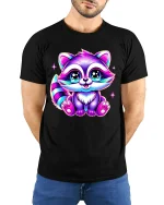 Cute Neon Raccoon Graphic Tee Sparkle Eyes Kawaii Art - model wearing black tee with hands behind back