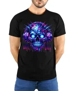 Game Over Cyber Skull Headset Neon Gamer Graphic Tee - model wearing black tee with hands behind back