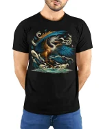 Majestic Phoenix Rising Storm Fantasy Art Graphic Tee - model wearing black tee with hands behind back