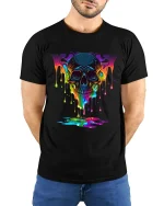 Melting Rainbow Skull Dark Art Psychedelic Graphic Tee - model wearing black tee with hands behind back