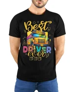 Best School Bus Driver Ever Colorful Appreciation Graphic Tee - model wearing black tee with hands behind back