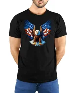 American Flag Bald Eagle Freedom Graphic Tee Shirt - model wearing black tee with hands behind back