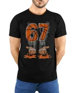 67 Basketball Drip Graphic Tee Bold Court Legend Style Tshirt - model wearing black tee with hands behind back