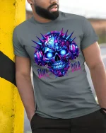 Game Over Cyber Skull Headset Neon Gamer Graphic Tee - model wearing grey tee, leaning on column